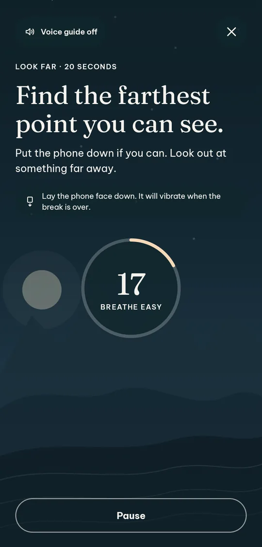 The 20-second break: a countdown ring over a mountain landscape and a tip to lay the phone face down