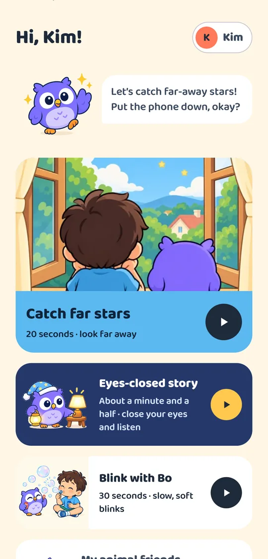 Kids’ home screen with Bo, the Catch far stars mission and the Eyes-closed story
