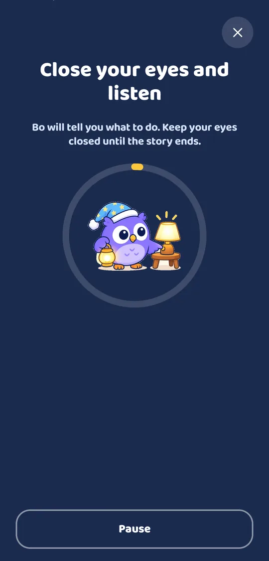 Eyes-closed story screen: Bo in a nightcap next to a lamp
