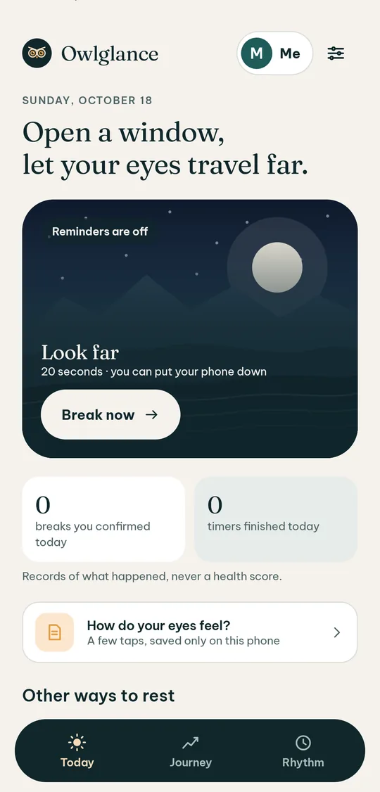 Owlglance Today screen with a far-away landscape and a Break now button