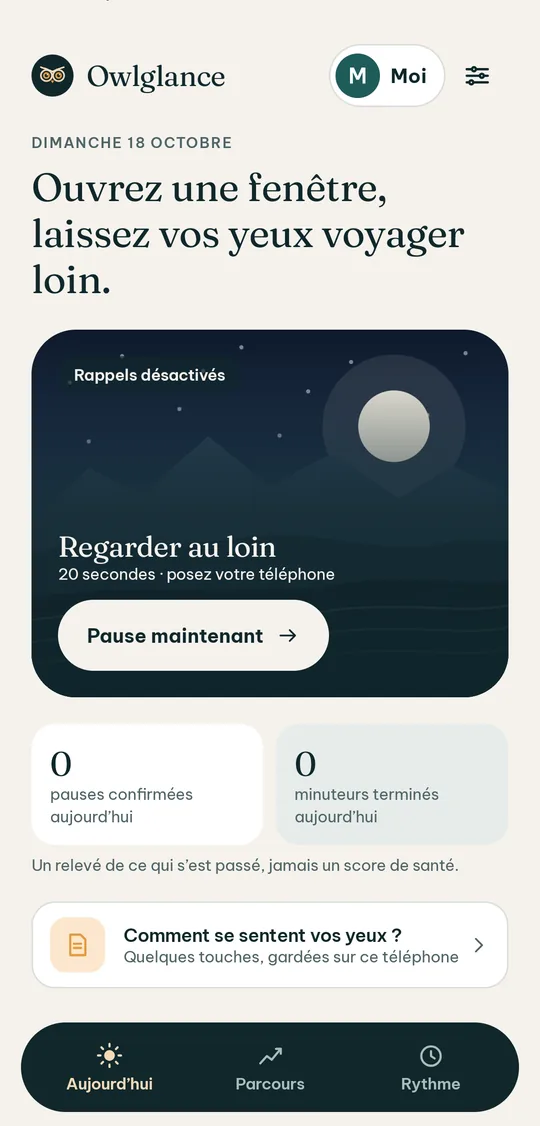 Écran Aujourd’hui d’Owlglance avec un paysage lointain et le bouton Pause maintenant