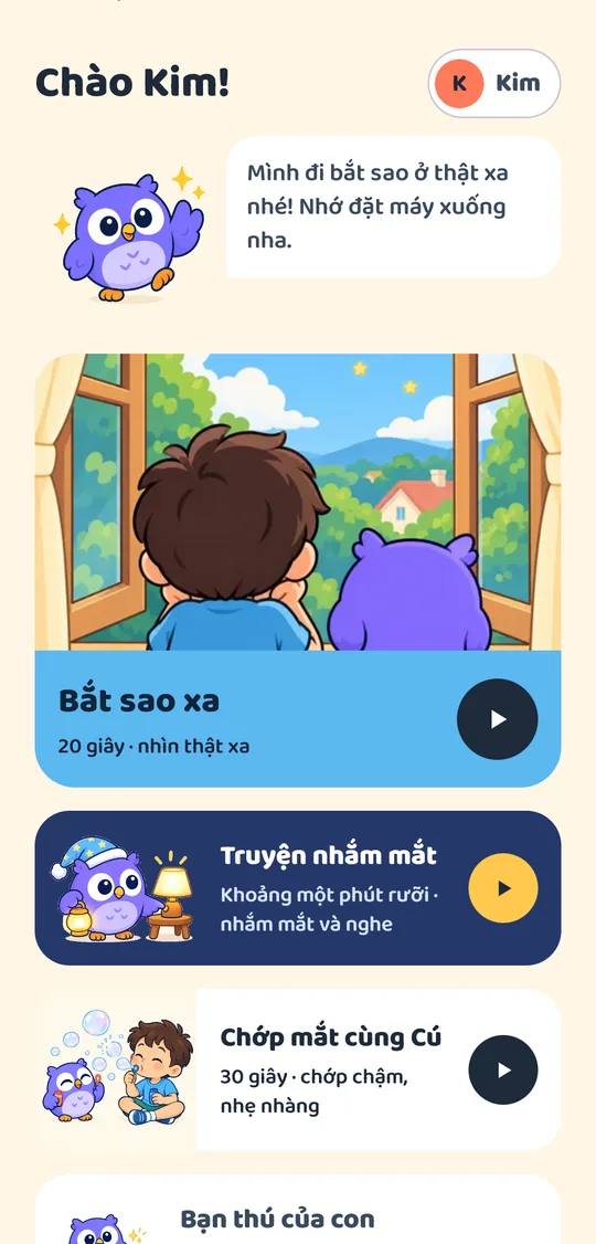 Màn hình chính của bé với Cú Bông, nhiệm vụ Bắt sao xa và Truyện nhắm mắt