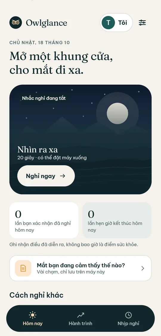 Màn hình Hôm nay của Owlglance với khung cảnh núi xa và nút Nghỉ ngay